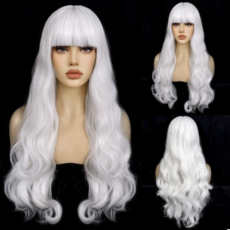 ANOGOL Hair Cap+80Cm/32Inch White Wig With Bangs For White Cosplay Wig, Long White Wig White Curly Wig For Ghost Womens Costume, Long Wavy Wig White Halloween Wig Ghost Wig Women Anime Cosplay