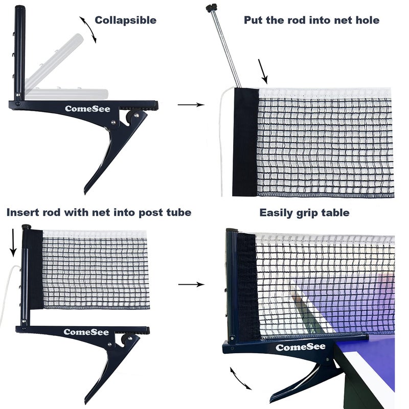 Comesee Kioos Collapsible Table Tennis Net Professional Steel Pingpong Net Clip Grip Mesh Training Competition Portable Tension Adjustable Post (Navy) - Image 3