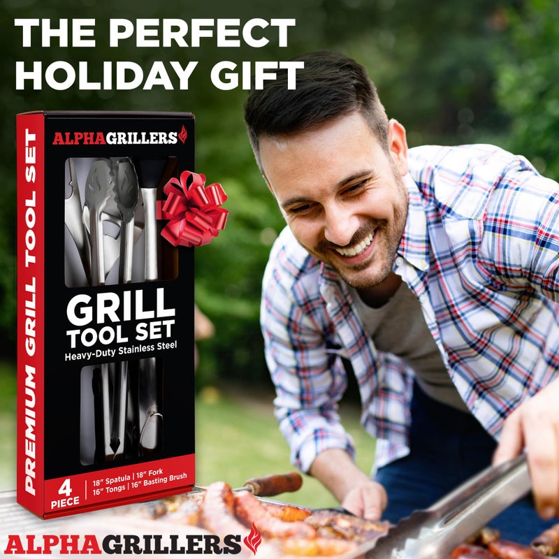 Alpha Grillers Grilling Accessories - Grilling Gifts for Men - BBQ Accessories Grill Tools Set with Spatula, Fork, Brush & Tongs - Outdoor Barbecue Utensils Gifts for Men Dad Him Boyfriend - Image 3