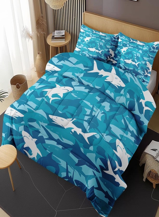 Nesphy Blue Shark Fish Full Comforter Set, Ocean Surf Camouflage Bedding Set 3 Piece, All Season Soft Toddlers Children Adults Bedroom Bed Decoration Comforter and 2 Pillow Shams - Image 1