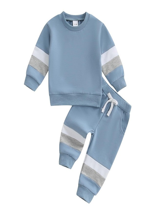 FOMOYUU Toddler Baby Boy Clothes Color Block Long Sleeve Sweatshirt Pullover Tops + Solid Pants Spring Fall Winter Outfits (Blue- Color Block, 18-24 Months) - Image 1