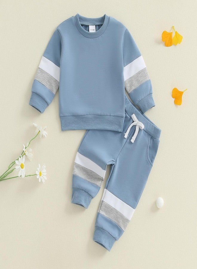 FOMOYUU Toddler Baby Boy Clothes Color Block Long Sleeve Sweatshirt Pullover Tops + Solid Pants Spring Fall Winter Outfits (Blue- Color Block, 18-24 Months) - Image 2