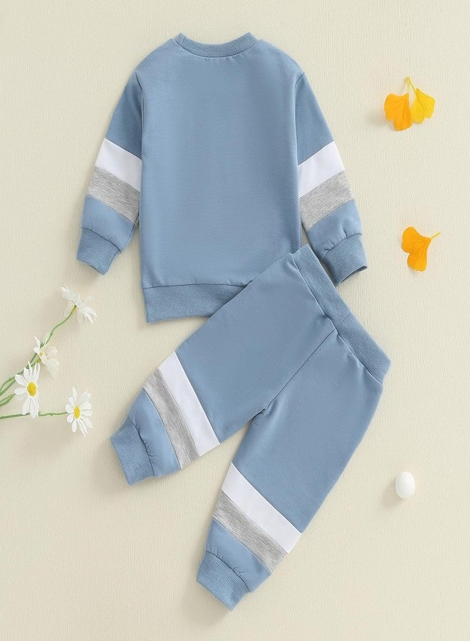 FOMOYUU Toddler Baby Boy Clothes Color Block Long Sleeve Sweatshirt Pullover Tops + Solid Pants Spring Fall Winter Outfits (Blue- Color Block, 18-24 Months) - Image 3