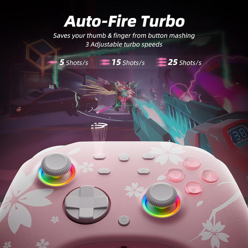 Mytrix Pro Wireless Controller for Switch/Switch Lite/Switch OLED, Bluetooth Controller Controller with Headphone Jack, Turbo, Alarm Clock, 6-Axis Gyro, Adjustable Vibration, Sakura Pink - Image 3