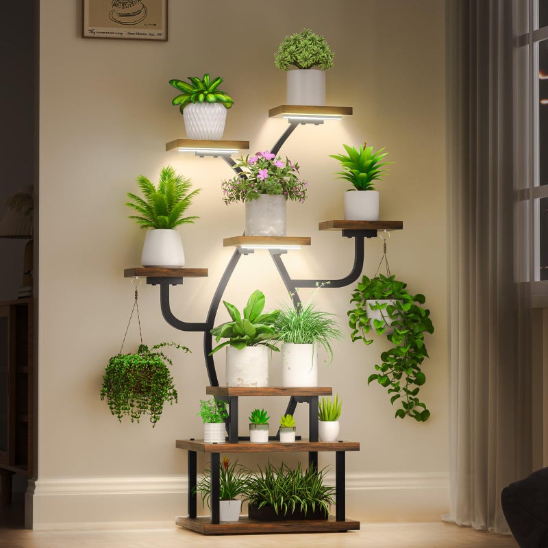Tovve Plant Stand Indoor with Grow Light, 8 Tiered 48" Small Plant Shelf, Corner Plant Stand Stand for Indoor Plants Multiple, Metal Humen-Shaped Plant Flower Holder, for Living Room, Patio, Balcony - Image 1