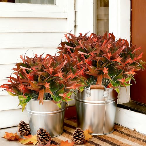 Uieke 6Pcs Outdoor Artificial Plants UV Resistant Fake Flowers Plastic Plants Morning Glory Greenery Shrubs for Outside Home Garden Patio Window Box Summer Fall Décor Red - Image 2