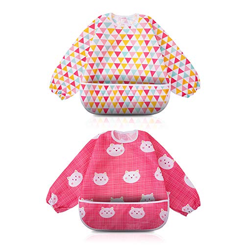 Little Dimsum Full Sleeved Feeding Bib 2 Pack,Baby & Toddler Waterproof Bib Apron,Food Protection Large Pocket Eating Smock 6-36 Months(Pink/Red) - Image 1