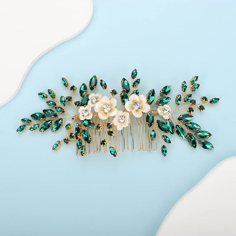 BERYUAN Bridal White Flower Green Crystal Rhinestone Hair Comb for Bride Bridesmaid Sliding side Headpieces Wedding Hair Accessories for Women and Girls Green