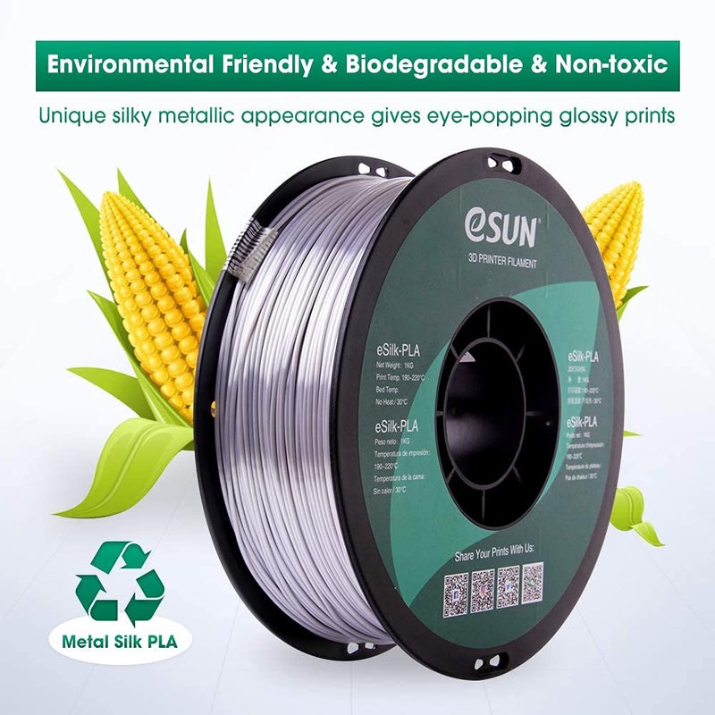 eSUN Silk PLA 3D Printer Filament, Dimensional Accuracy +/- 0.03 mm, 1 kg Spool, 1.75 mm, Silver - Image 5