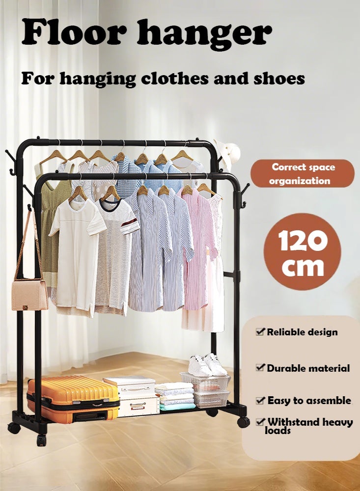 فيزما علاقة ملابس زاوية مزدوجة مع عجلات، ١٤٥ × ١٢٠ × ٤١ سم، رف تخزين ملابس محمول بأربعة خطافات، علاقة ملابس متعددة الاستخدامات لغرفة النوم - Image 1