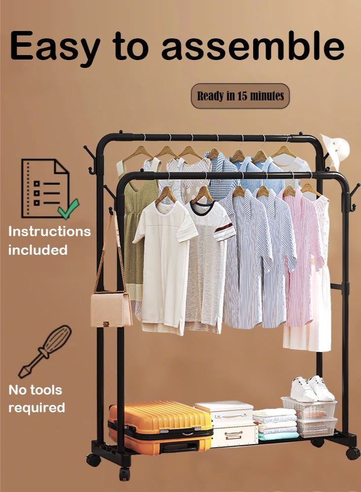 فيزما علاقة ملابس زاوية مزدوجة مع عجلات، ١٤٥ × ١٢٠ × ٤١ سم، رف تخزين ملابس محمول بأربعة خطافات، علاقة ملابس متعددة الاستخدامات لغرفة النوم - Image 2