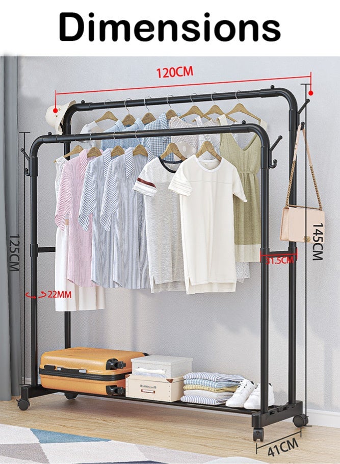 فيزما علاقة ملابس زاوية مزدوجة مع عجلات، ١٤٥ × ١٢٠ × ٤١ سم، رف تخزين ملابس محمول بأربعة خطافات، علاقة ملابس متعددة الاستخدامات لغرفة النوم - Image 3