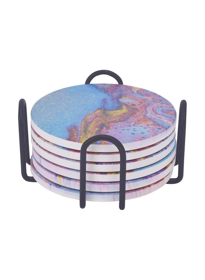 Urbane Home Urbane Home Set of 6 Ceramic Coaster with Cork Steel Holder Stand for Hot Pots - Water Absorbent Tea Cup & Water Glass Cover & Top Lid | Multicolor  - Image 2
