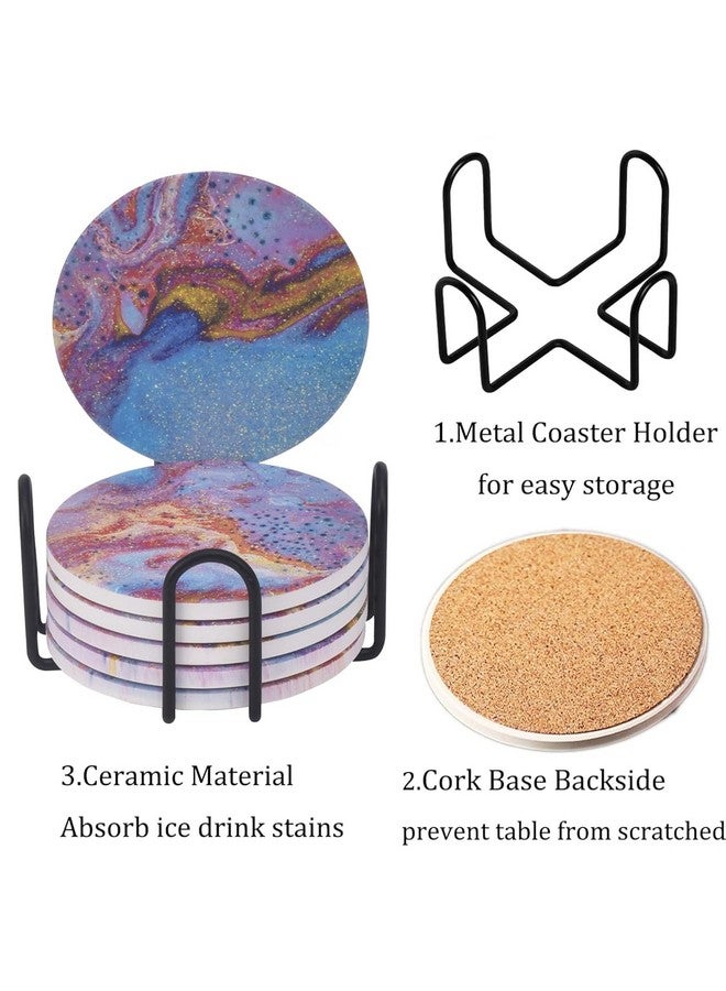Urbane Home Urbane Home Set of 6 Ceramic Coaster with Cork Steel Holder Stand for Hot Pots - Water Absorbent Tea Cup & Water Glass Cover & Top Lid | Multicolor  - Image 4