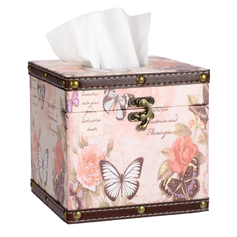 Hoowen Vintage Tissue Box Cover, Wood Square Tissue Box Holder - Image 1