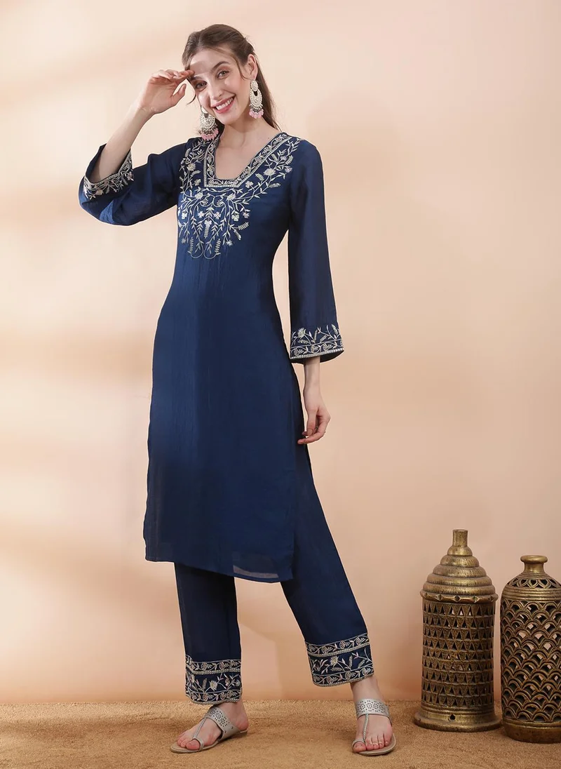 globus Globus Women Blue Floral Embroidered V-Neck Bell Sleeves Straight Kurta With Pants Festive Set