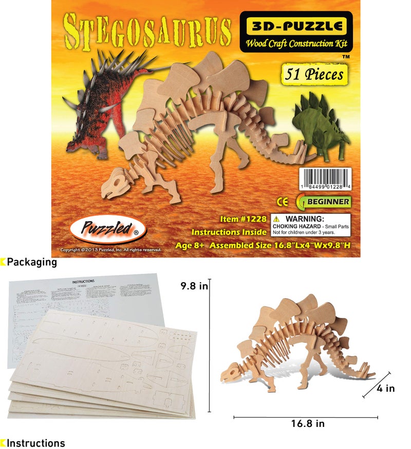 Puzzled 3D Puzzle Stegosaurus Dinosaur Wood Craft Construction Model Kit Fun & Educational DIY Wooden Dino Toy Assemble Model Unfinished Craft Hobby Puzzle 51pc Pack - Image 2