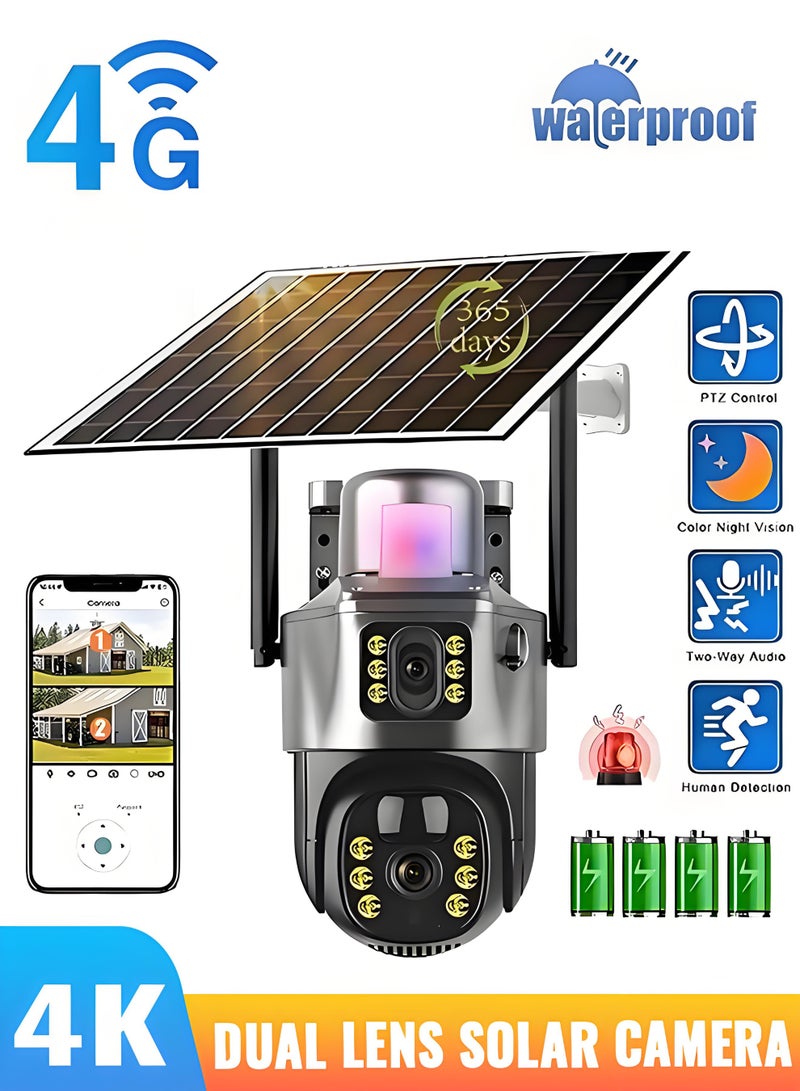 Volynix 4G Sim Solar Camera Wireless Surveillance Camera PTZ Security Camera Dual Lens Solar Panel CCTV Security High Precision PIR Cam Built in Battery - Black - Image 1