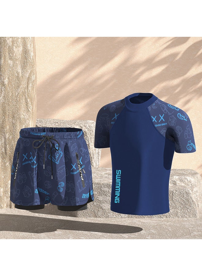 Generic Swimwear Men's Professional Anti-embarrassment Large Size Loose Double-layer Swimming Trunks Sunscreen Hot Spring Full Body Men's Swimwear Suit-Color:Blue Bear Two-piece "swimsuit + Swimming Trunks]-Size:XL (weight 57.50 Kg-65.00 Kg  - Image 1