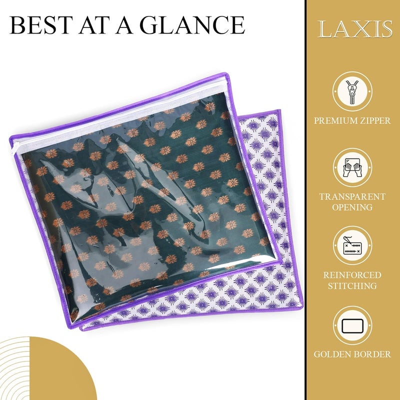 LAXIS ® Non-Woven Printed Single Saree Cover, Saree Bag Pack of 10Pcs, Transparent Saree Covers With Zip, Saree Covers For Storage, Wardrobe Organiser, Size-36x42x2cm (Purple) - Image 3