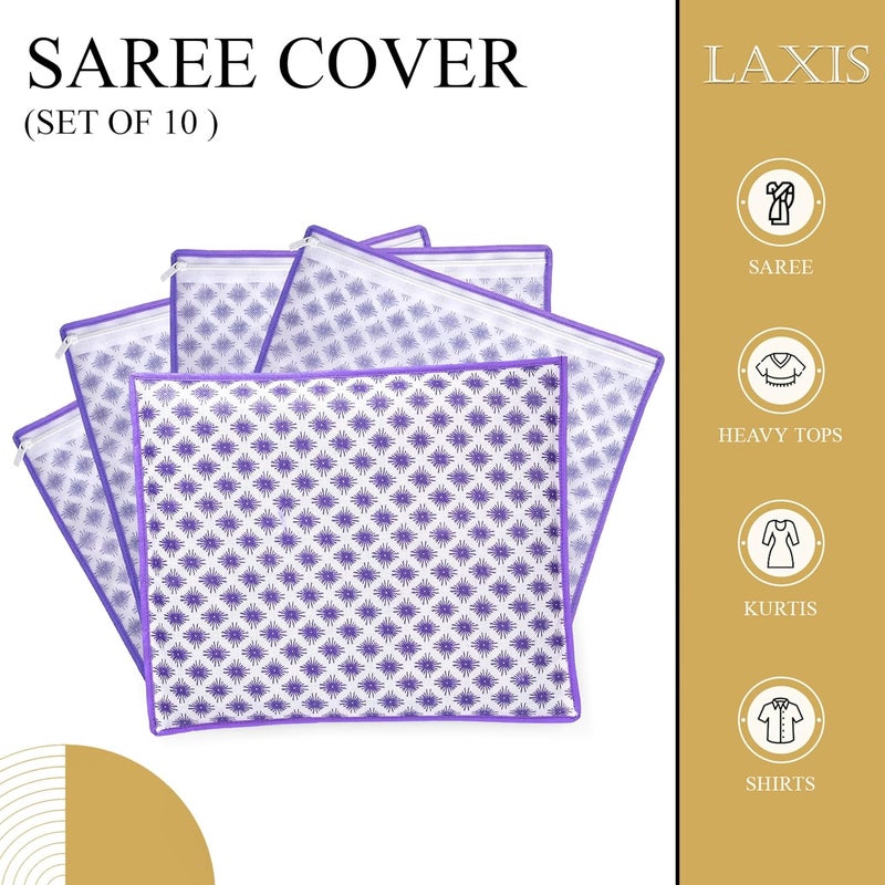 LAXIS ® Non-Woven Printed Single Saree Cover, Saree Bag Pack of 10Pcs, Transparent Saree Covers With Zip, Saree Covers For Storage, Wardrobe Organiser, Size-36x42x2cm (Purple) - Image 5