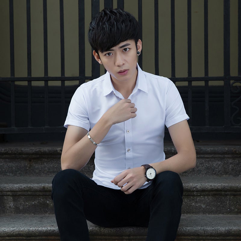 Summer Slim fit non-ironing mens short-sleeved white shirt business formal wear professional work casual solid color shirt inch mens clothing White - Image 1