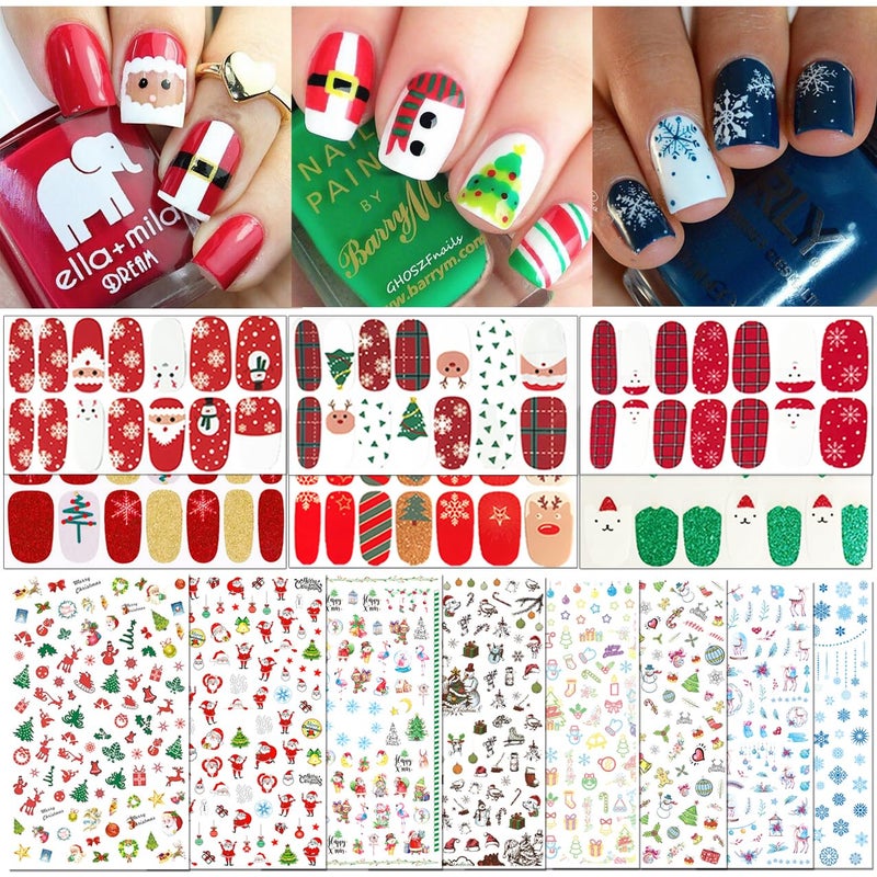 TailaiMei TailaiMei 15 Sheets Christmas Nail Stickers 7 Sheets Nail Wrap Stickers and 8 Sheets Nail Decals Stickers Full Wraps Strips and SelfAdhesive Set for DIY Nail Art 1000Pcs