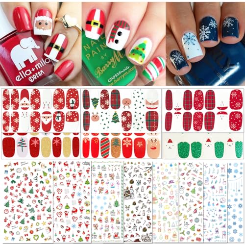 TailaiMei 15 Sheets Christmas Nail Stickers, 7 Sheets Nail Wrap Stickers and 8 Sheets Nail Decals Stickers, Full Wraps Strips and Self-Adhesive Set for DIY Nail Art (1000Pcs) - Image 1