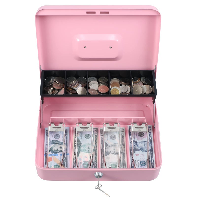 xydled Cash Box with Money Tray and Key Lock,Tiered, Cantilever Design,4 Bill / 5 Coin Slots,11.8" x 9.5" x 3.5",Pink - Image 5