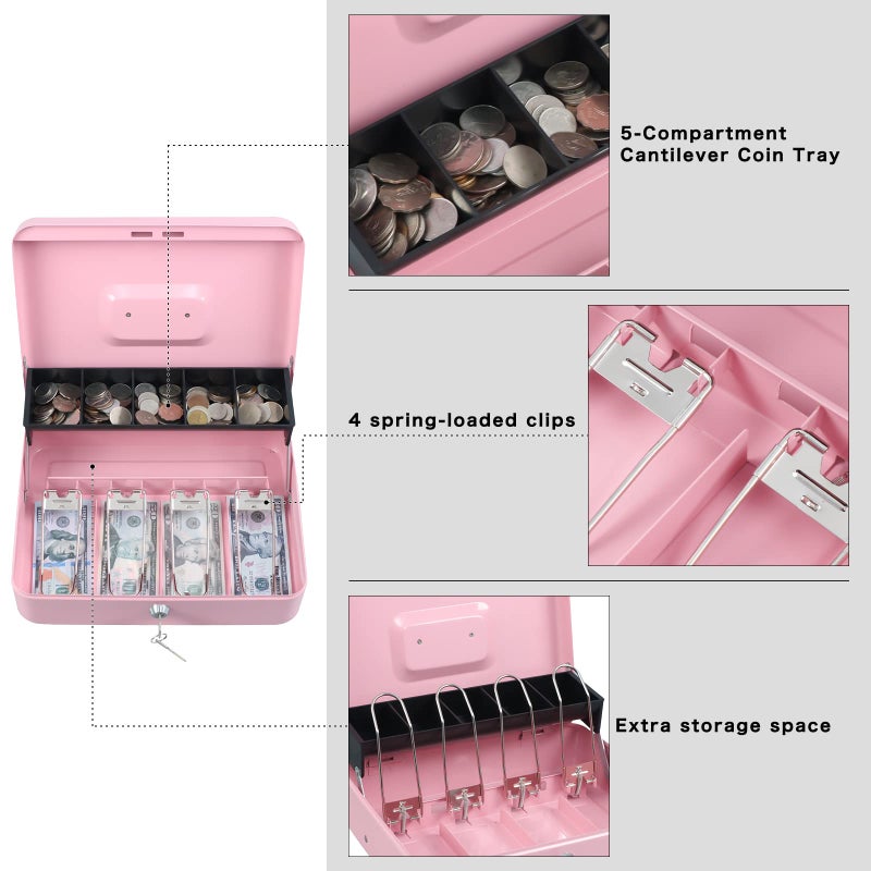 xydled Cash Box with Money Tray and Key Lock,Tiered, Cantilever Design,4 Bill / 5 Coin Slots,11.8" x 9.5" x 3.5",Pink - Image 4