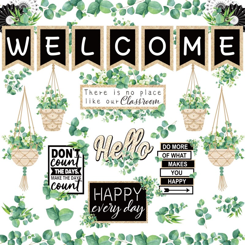 Whaline 29 Pieces Eucalyptus Bulletin Board Set Welcome Banner Simply Boho Bulletin Board Decor Boho Greenery Calendar Cutout Decorations for Back to School Classroom Teacher Supply