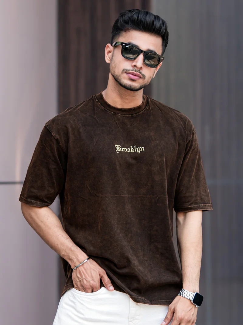 Maniac Maniac Mens Acid Wash Printed Brooklyn Round Neck 3/4th Sleeve Cotton T-Shirt