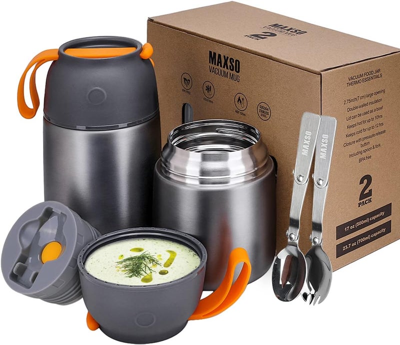 Max&So 2 Pack Soup Thermo for Hot & Cold Food for Kids Adults, Vacuum Insulated Food Jar Thermal Lunch Containers, Travel Food Flask with Spoon (24 oz,17 oz) (Grey) - Image 1