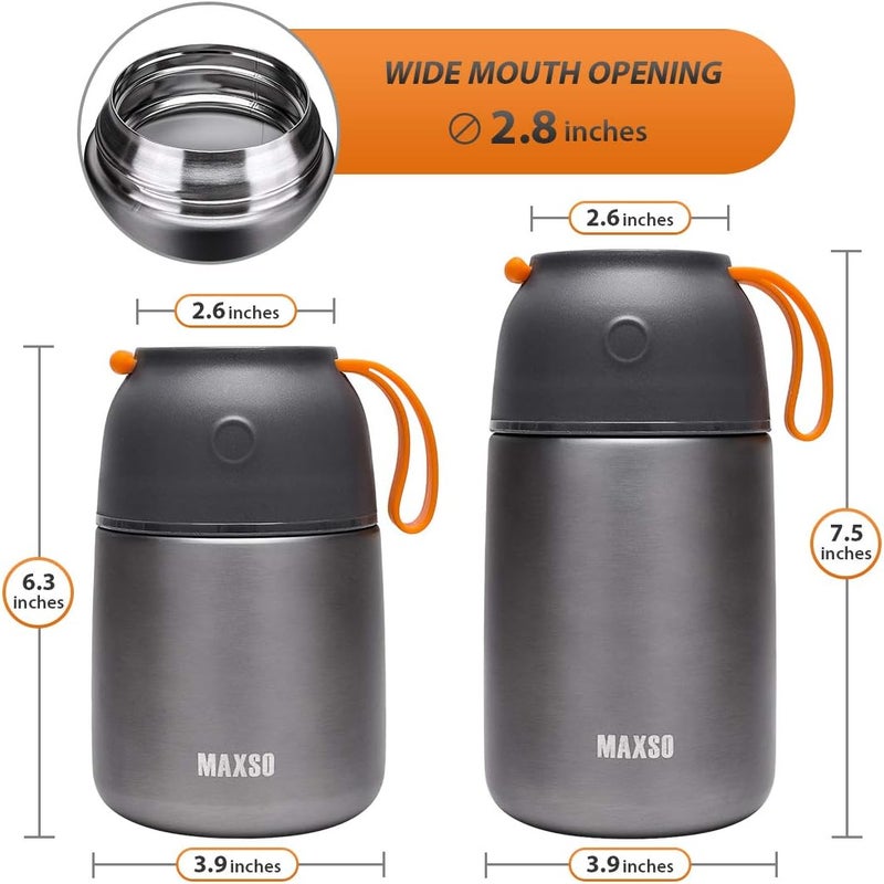 Max&So 2 Pack Soup Thermo for Hot & Cold Food for Kids Adults, Vacuum Insulated Food Jar Thermal Lunch Containers, Travel Food Flask with Spoon (24 oz,17 oz) (Grey) - Image 5