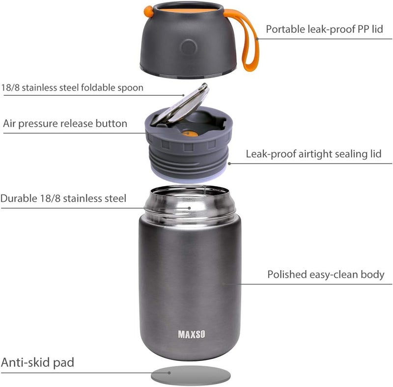 Max&So 2 Pack Soup Thermo for Hot & Cold Food for Kids Adults, Vacuum Insulated Food Jar Thermal Lunch Containers, Travel Food Flask with Spoon (24 oz,17 oz) (Grey) - Image 3