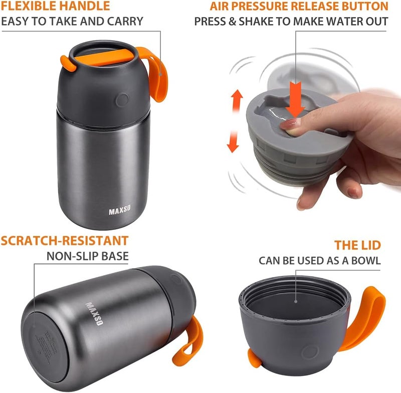 Max&So 2 Pack Soup Thermo for Hot & Cold Food for Kids Adults, Vacuum Insulated Food Jar Thermal Lunch Containers, Travel Food Flask with Spoon (24 oz,17 oz) (Grey) - Image 4