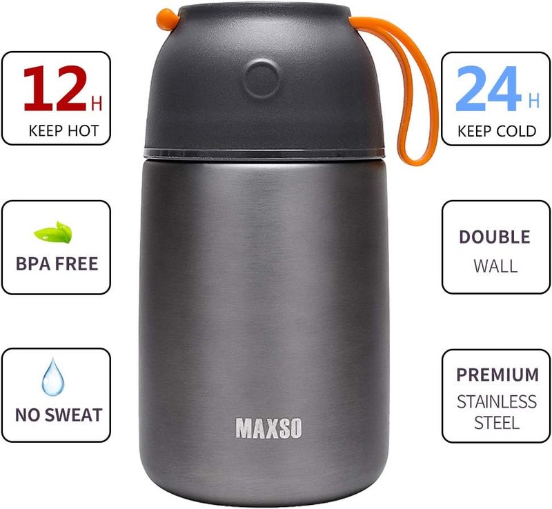 Max&So 2 Pack Soup Thermo for Hot & Cold Food for Kids Adults, Vacuum Insulated Food Jar Thermal Lunch Containers, Travel Food Flask with Spoon (24 oz,17 oz) (Grey) - Image 2