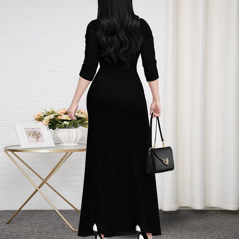 CaniBtr Maxi Dresses for Women Casual 3/4 Sleeve Wrap V Neck Plus Size Elegant Semi Formal Long Church Dress with Belt Black XL - Image 2
