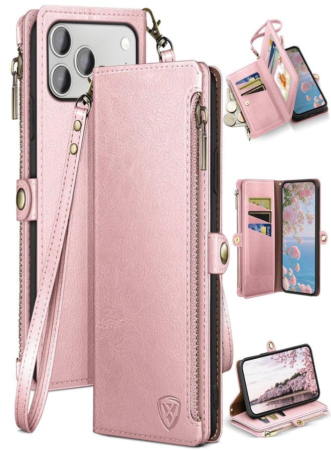 XcaseBar Compatible with iPhone 17 Pro Max 6.9" Wallet case with Zipper Credit Card Holder【RFID Blocking】,Flip Folio Book PU Phone case Shockproof Cover Women Men for Apple 17 Pro Max case Rose Gold - Image 1