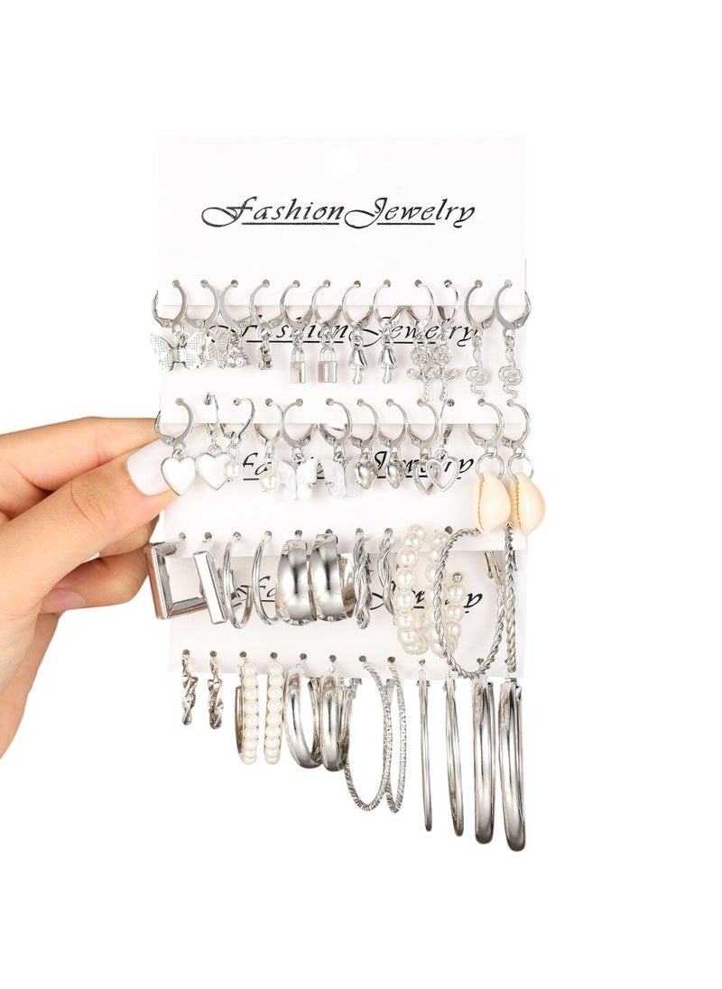 Huitich 24-Piece Silver Hoop & Charm Earrings Set  - Image 1