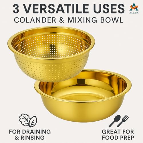 Alark 2Pcs Stainless Steel Multifunctional Vegetables,Strainer Utensil Round Rice Washer Gold Bowl and Vegetable, Fruits, Pasta Mixing, Food Washing Dishwasher Safe Micro-Perforated Golden Colander - Image 3