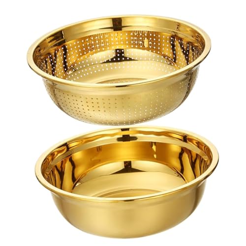 Alark 2Pcs Stainless Steel Multifunctional Vegetables,Strainer Utensil Round Rice Washer Gold Bowl and Vegetable, Fruits, Pasta Mixing, Food Washing Dishwasher Safe Micro-Perforated Golden Colander - Image 1