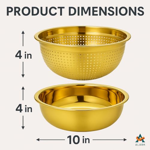 Alark 2Pcs Stainless Steel Multifunctional Vegetables,Strainer Utensil Round Rice Washer Gold Bowl and Vegetable, Fruits, Pasta Mixing, Food Washing Dishwasher Safe Micro-Perforated Golden Colander - Image 2