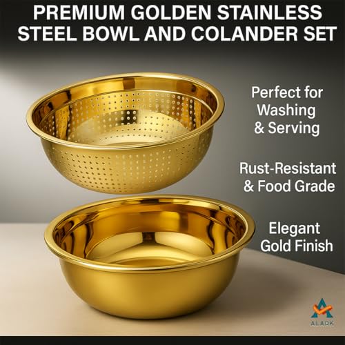 Alark 2Pcs Stainless Steel Multifunctional Vegetables,Strainer Utensil Round Rice Washer Gold Bowl and Vegetable, Fruits, Pasta Mixing, Food Washing Dishwasher Safe Micro-Perforated Golden Colander - Image 4