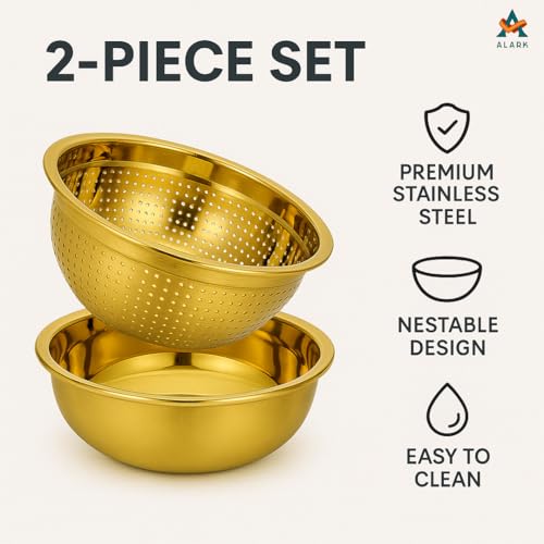 Alark 2Pcs Stainless Steel Multifunctional Vegetables,Strainer Utensil Round Rice Washer Gold Bowl and Vegetable, Fruits, Pasta Mixing, Food Washing Dishwasher Safe Micro-Perforated Golden Colander - Image 5