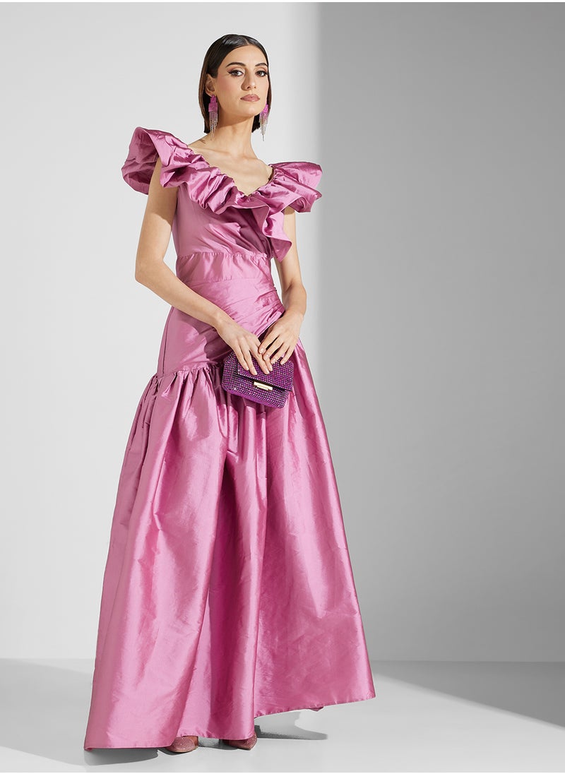 Namshi x Ruffled Shoulder Dress With Asymmetrical Waist Cut  - Image 1