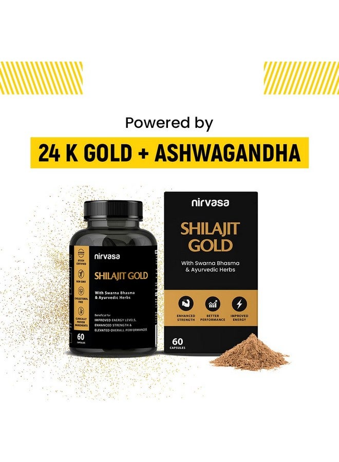 Nirvasa Shilajit Gold 60 Capsules | 100% Pure Himalayan Shilajeet with 24K Gold Gokshura Akarkara Safed Musli | Shilajit Supplement for Men for Strength Stamina Energy & Vitality | Pack of 1 - Image 2