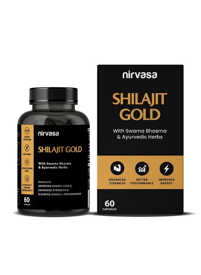 Nirvasa Shilajit Gold 60 Capsules | 100% Pure Himalayan Shilajeet with 24K Gold Gokshura Akarkara Safed Musli | Shilajit Supplement for Men for Strength Stamina Energy & Vitality | Pack of 1 - Image 1