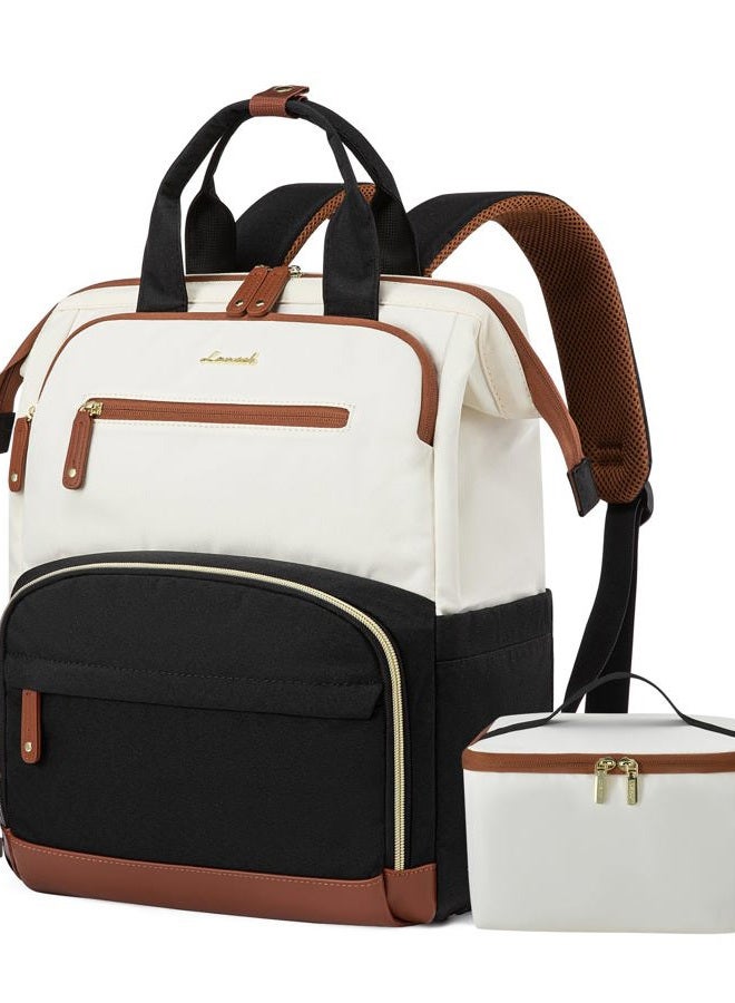 Lovevook Lunch Backpack for Women, Laptop Bag with Insulated Cooler Lunch Box, Teacher Nurse Work Backpack for Camping Picnic, Black-white-brown, 39.62 cm - Image 1