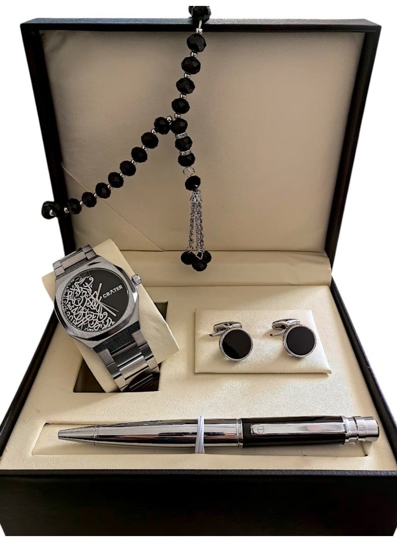كريتر  طقم رجالي فاخر يتكون من ساعة تصميم ملكي من الستانلس ستيل، مينا كلاسيكي مقاومة للماء وسبحة وقلم وازرار اكمام - Image 1